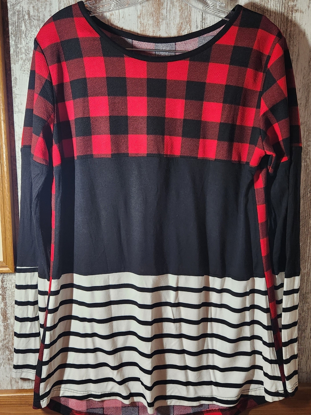 Tickled Teal Red & Black Buffalo Plaid Stripe Colorblock Long Sleeve Tunic Top M